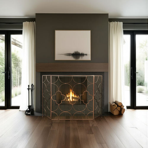 50 Inch 3 Panel Metal Fireplace Screen, Quatrefoil Design, Bronze