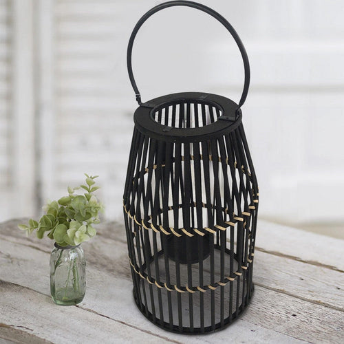 Decorative Drum Shaped Open Cage Bamboo Lantern, Large, Black By Casagear Home