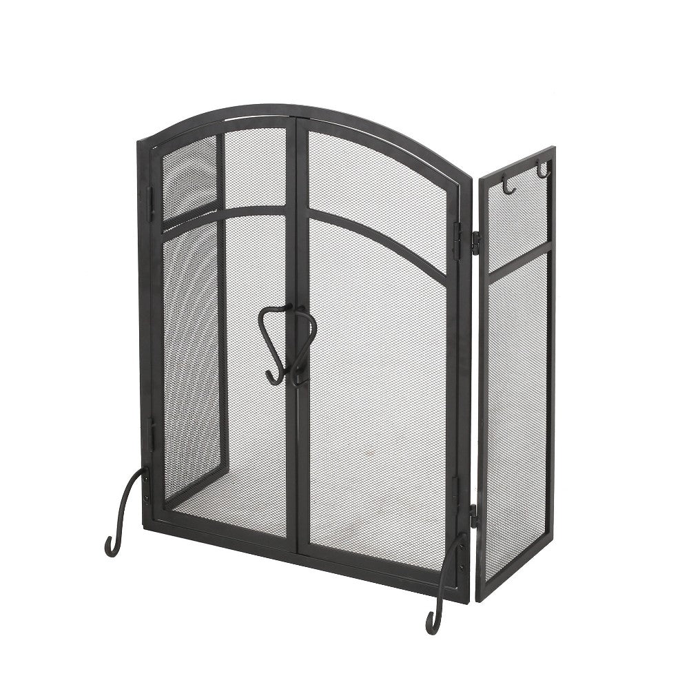 Tri Fold Fireplace Screen with 4 pcs Tool Set, Fine Mesh, Black Doors