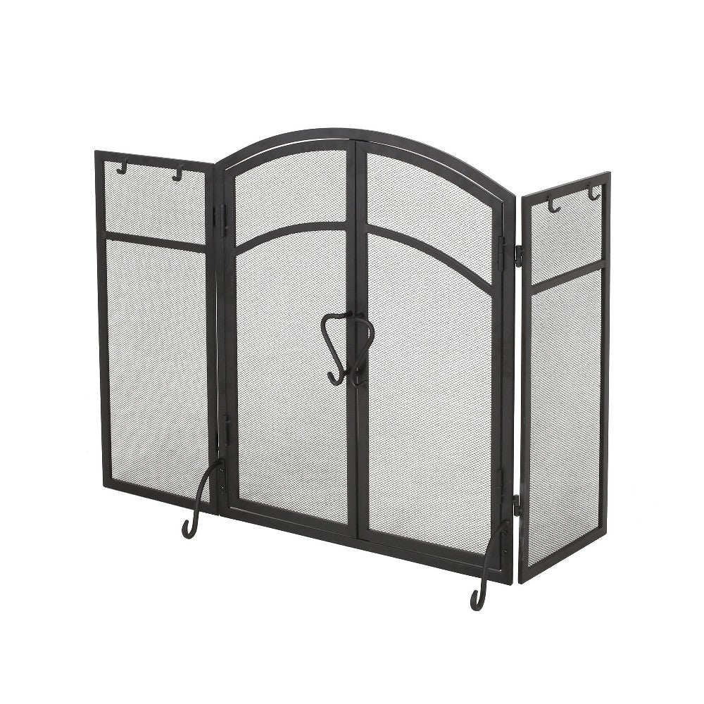 Tri Fold Fireplace Screen with 4 pcs Tool Set, Fine Mesh, Black Doors