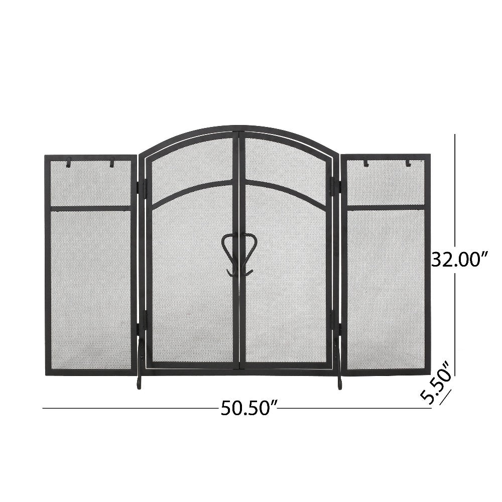 Tri Fold Fireplace Screen with 4 pcs Tool Set, Fine Mesh, Black Doors