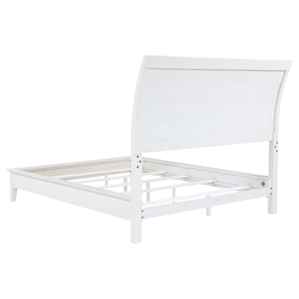 Heo King Size Bed, Sleigh Beige Upholstered Headboard, White Wood