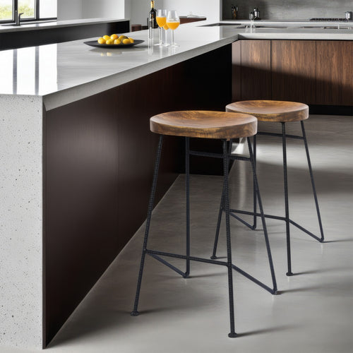 Jael 28 Inch Bar Stool with Mango Wood Saddle Seat, Iron Rod Legs, Brown and Black The Urban Port