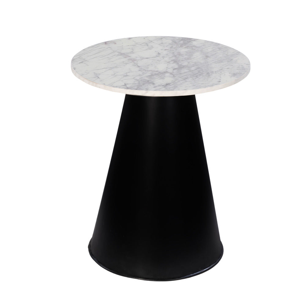 Riko Side End Table, White Natural Marble 18 Inch Round Top, Modern Black Pedestal Base By The Urban Port