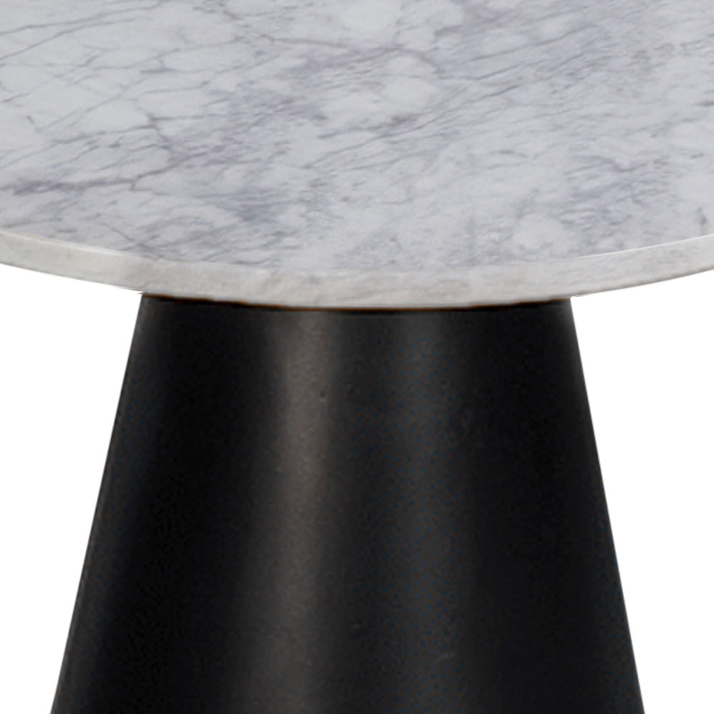 Riko Side End Table, White Natural Marble 18 Inch Round Top, Modern Black Pedestal Base By The Urban Port