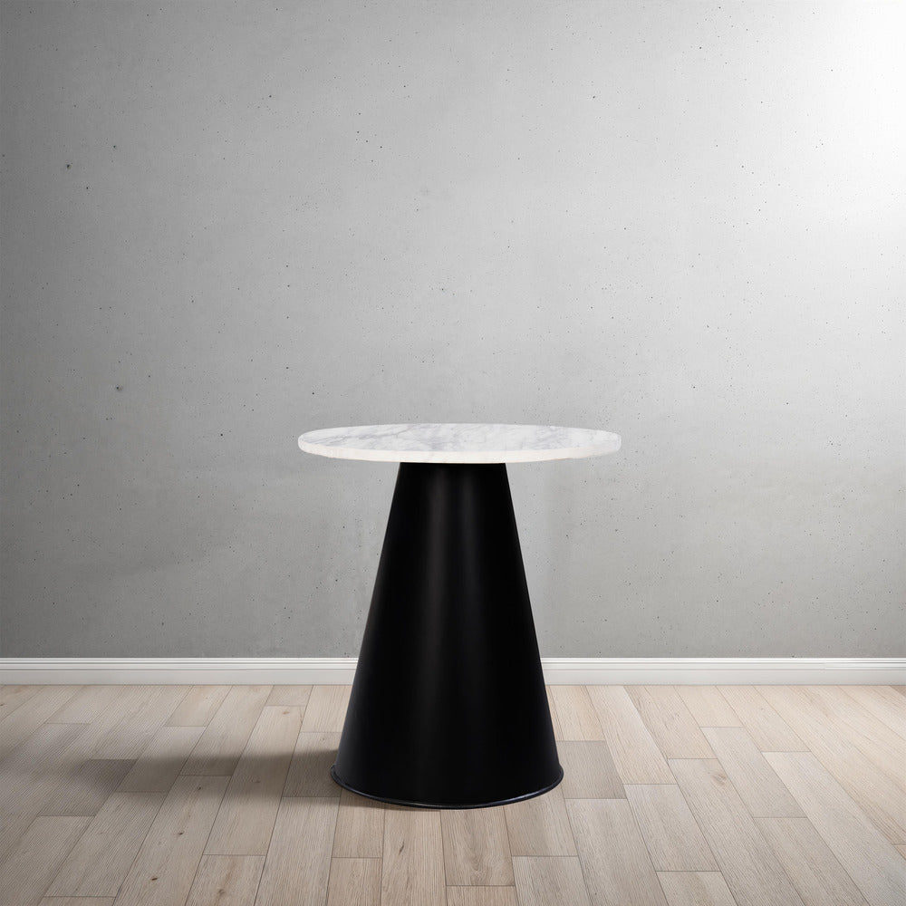 Riko Side End Table, White Natural Marble 18 Inch Round Top, Modern Black Pedestal Base By The Urban Port