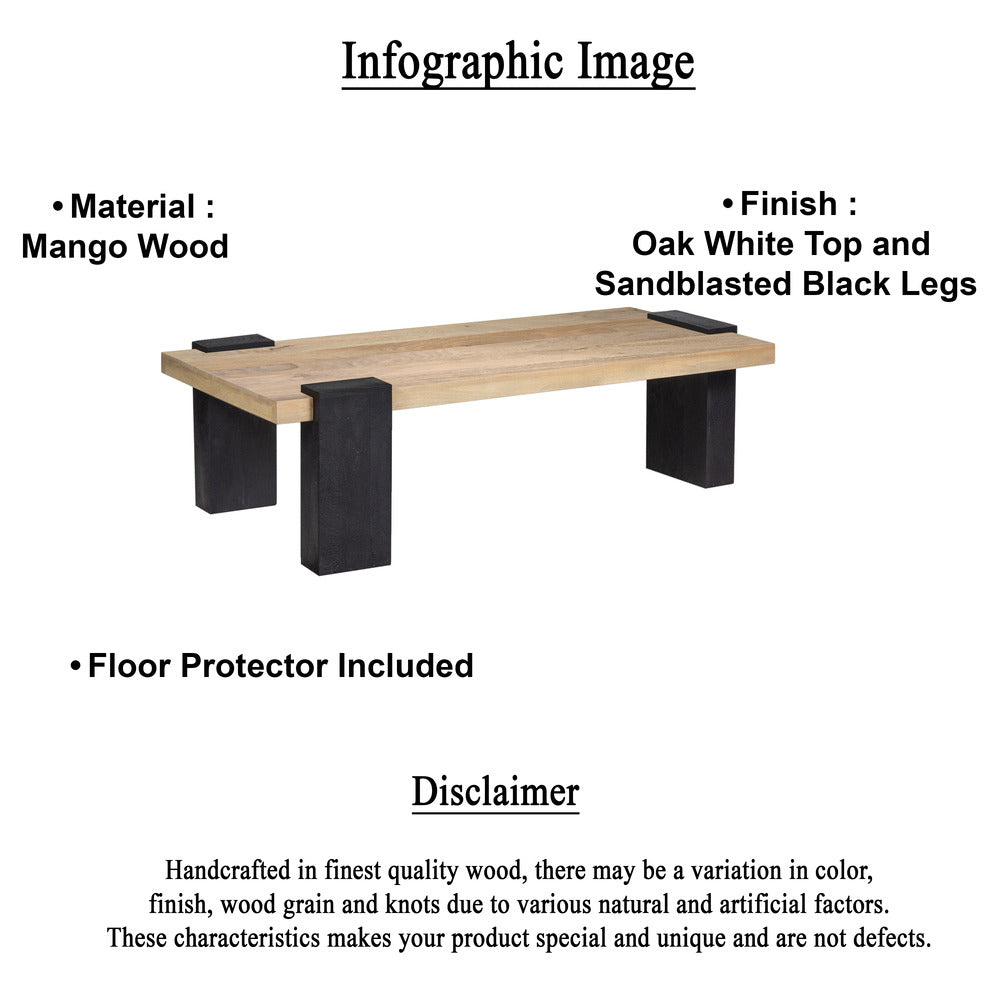 Bonne Coffee Table, 60 Inch Wide Rectangular Top, Handcrafted White Oak and Sandblasted Black By The Urban Port