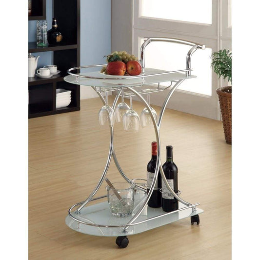 Captivating Serving Cart With 2 Frosted Glass Shelves, Silver By Casagear Home